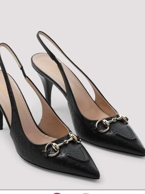 Gucci Black Leather Embossed Horsebit Slingback Pumps